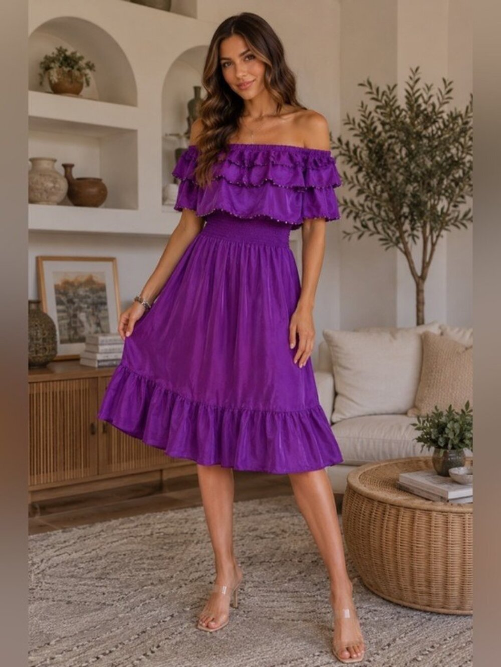 Rebecca Taylor Purple Silk Off Shoulder Ruffle Dress Sequin Trim Size 6 NWOT